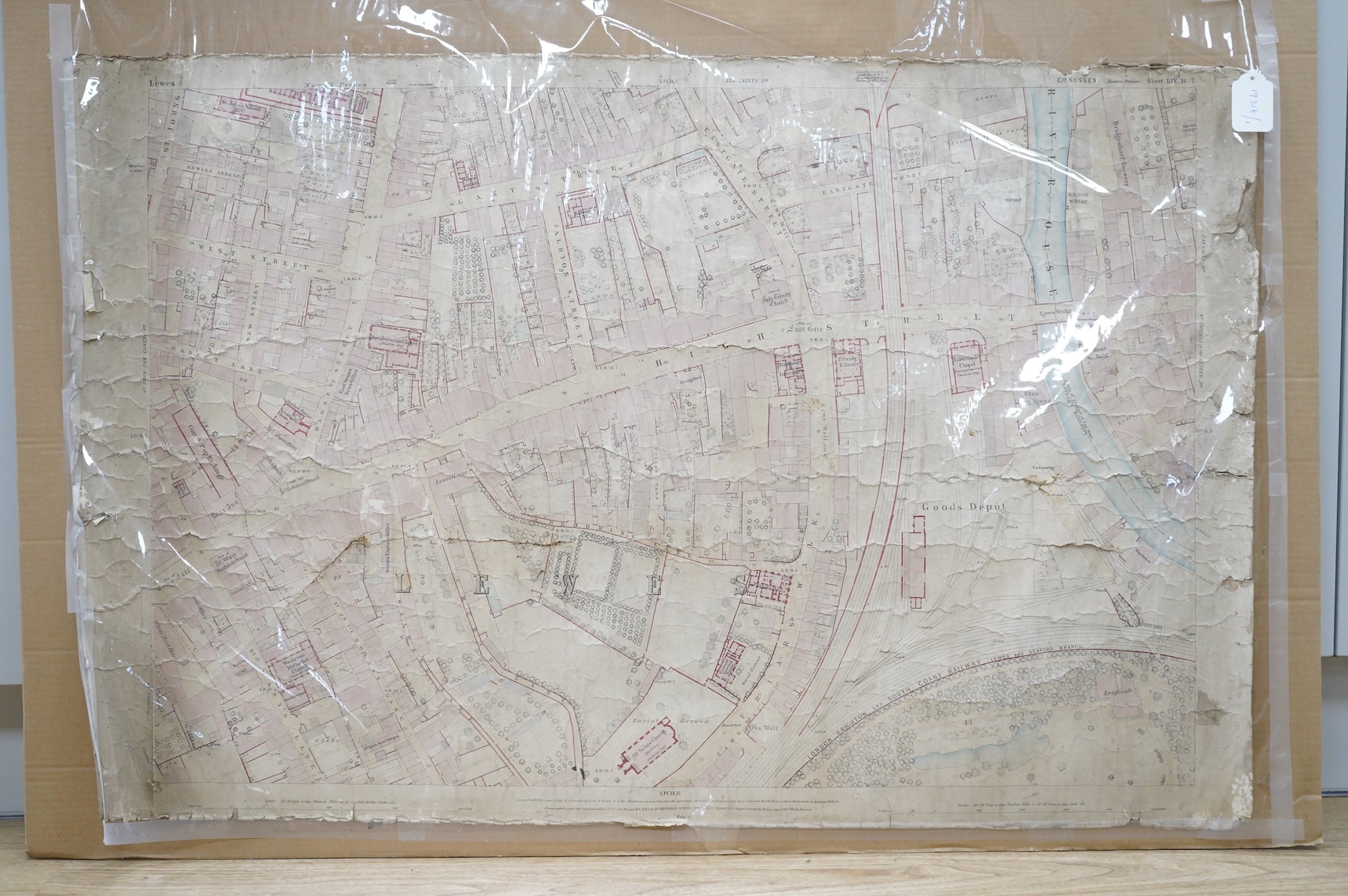 Local interest; 19th century coloured engraved map of Lewes, surveyed in 1873 by Lieutenant A. Hill, R.E levelled by Lieutenant W. Wayne, unframed, 70 x 107cm